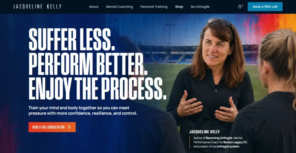 Jacqueline Kelly's speaker website after the rebuild, leading with her Boston Legacy FC credential.