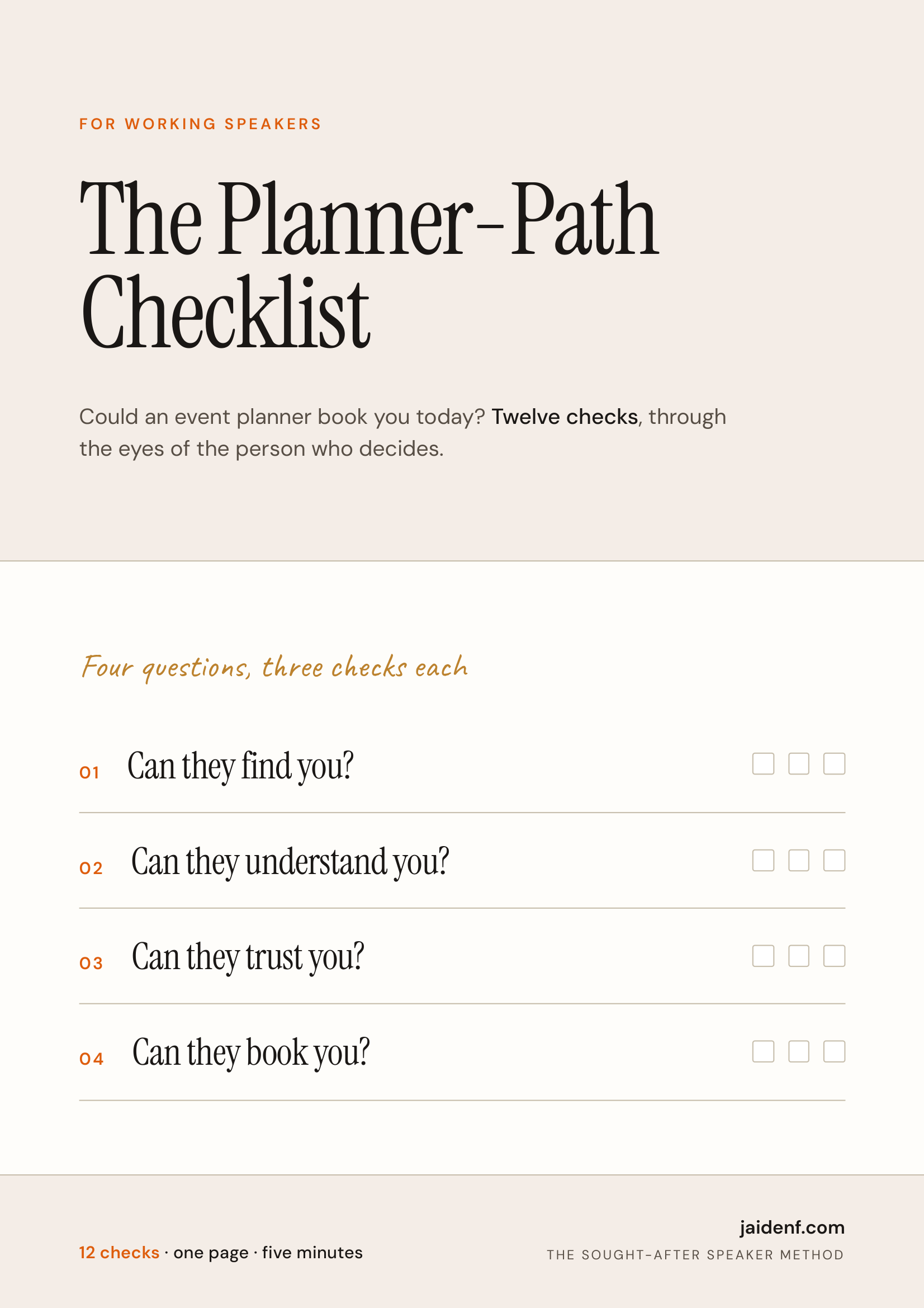 The Planner-Path Checklist — twelve checks across four questions an event planner asks.